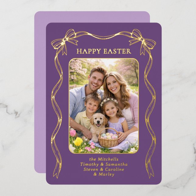 Personalized Easter Family Photo Gold Ribbon Bow Foil Holiday Card (Front/Back)
