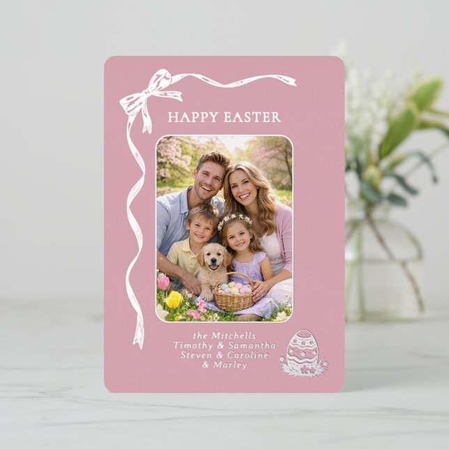 Personalized Easter Family Photo Silver Ribbon Bow Foil Holiday Card (Standing Front)