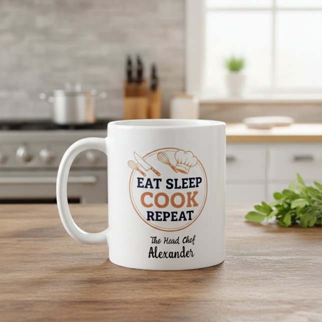 Personalized Eat Sleep Cook Repeat Head Chef Quote Coffee Mug (Creator Uploaded)