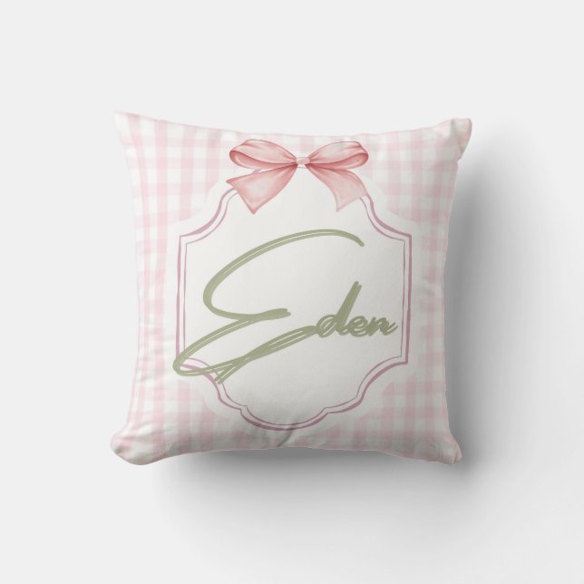 Personalized Eden Baby Girl Nursery Bow&Gingham Cushion (Front)