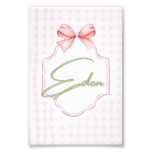 Personalized Eden Baby Girl Nursery Bow&Gingham Photo Print
