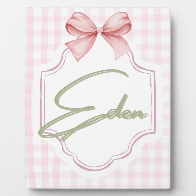 Personalized Eden Baby Girl Nursery Bow&Gingham Plaque (Front)