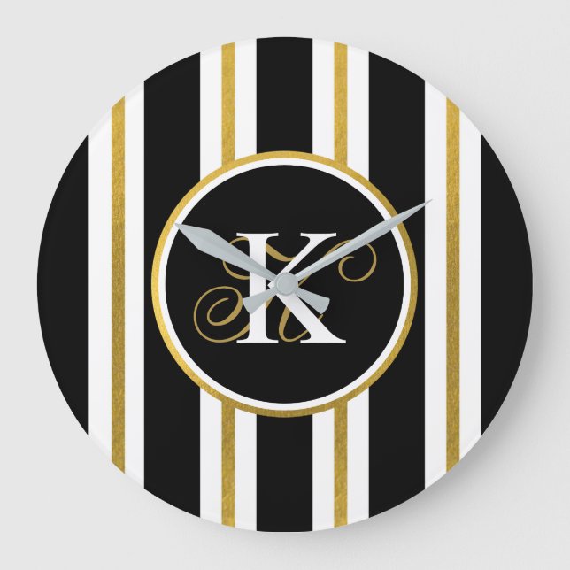 Personalized Elegant Black & Gold Stripes Monogram Large Clock (Front)