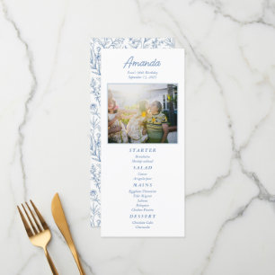 Personalized Elegant Blue Floral Birthday Menu