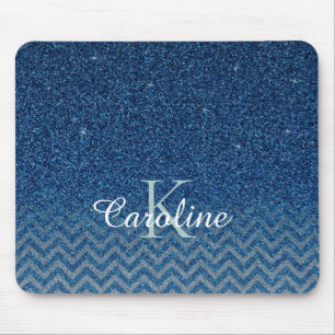 Personalized Elegant Blue Sparkle Glitter Monogram Mouse Pad