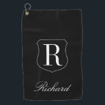 Personalized elegant name monogram logo black golf towel<br><div class="desc">Personalized elegant name monogram logo black golf towel. Monogrammed golfing gifts for men and women. Stylish script typography template for name and initial letter. Luxury Birthday gift ideas for golfer, husband, dad, father, friend, co worker, boss, colleague, coach, instructor, trainer, teacher, grandpa, retired person etc. Add your own surname or...</div>