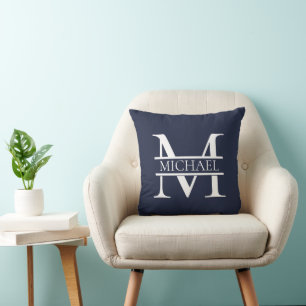 Personalized Elegant Navy Blue Monogram and Name Cushion