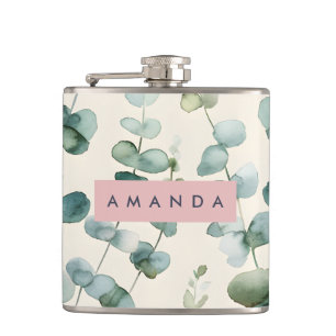 Personalized Elegant Pastel Eucalyptus Leaves Hip Flask