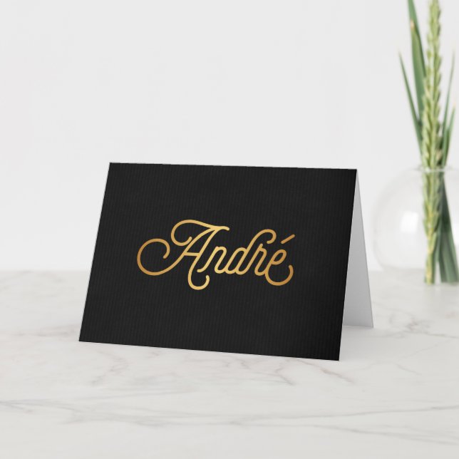 Personalized Elegant Script André Gold Black Holiday Card (Front)