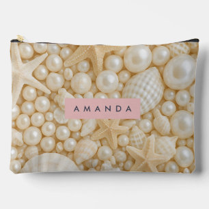 Personalized Elegant Seashell and Pearl Accessory Pouch