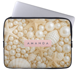 Personalized Elegant Seashell and Pearl Laptop Sleeve