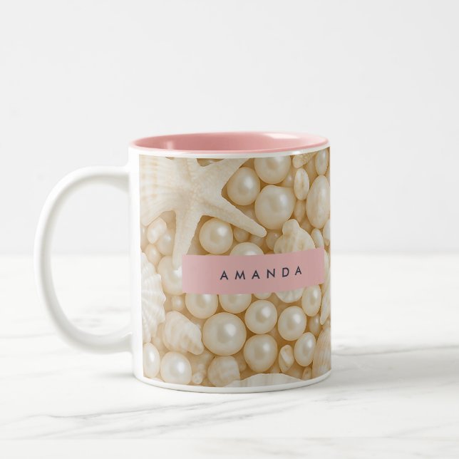 Personalized Elegant Seashell and Pearl Two-Tone Coffee Mug (Left)
