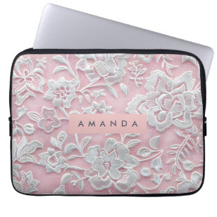 Personalized Elegant Soft Blush Lace Flower Laptop Sleeve