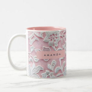 Personalized Elegant Soft Blush Lace Flower Two-Tone Coffee Mug