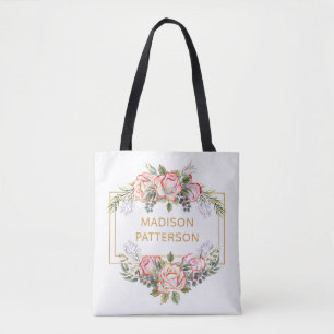 Personalized Elegant Watercolor Floral Girly Chic Tote Bag