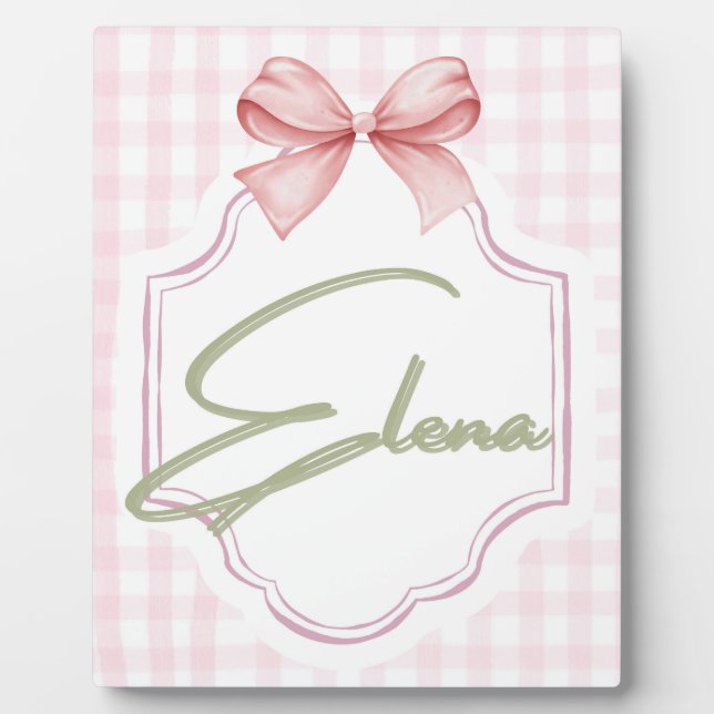 Personalized Elena Baby Girl Nursery Bow&Gingham  Plaque (Front)
