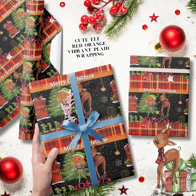 Personalized Elf Girl Name Christmas | Red Plaid Wrapping Paper (Personalized Elf Girl Name Christmas  Red Plaid Wrapping Paper)