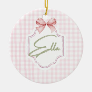 Personalized Ella Baby Girl Nursery Bow&Gingham Ceramic Ornament