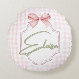 Personalized Eloise Baby Girl Nursery Bow&Gingham Round Cushion