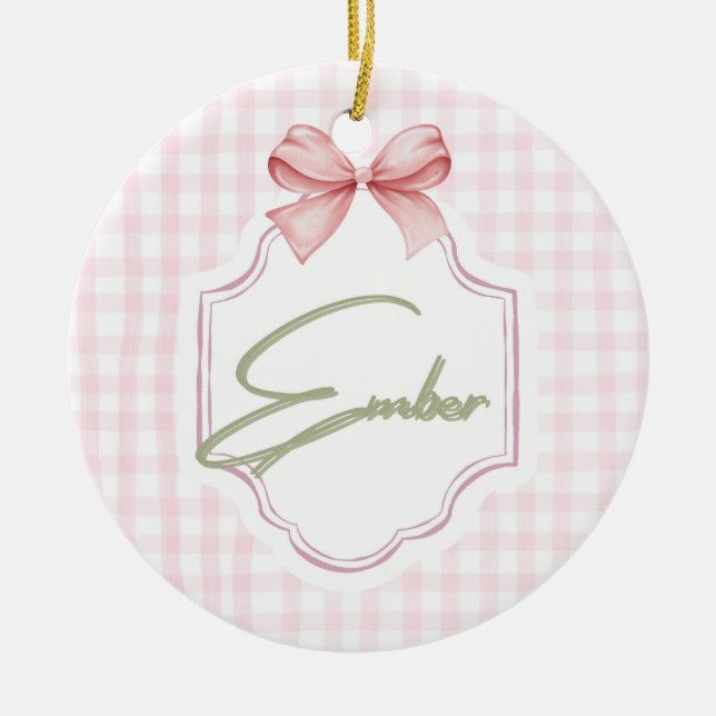 Personalized Ember Baby Girl Nursery Bow&Gingham  Ceramic Ornament (Front)