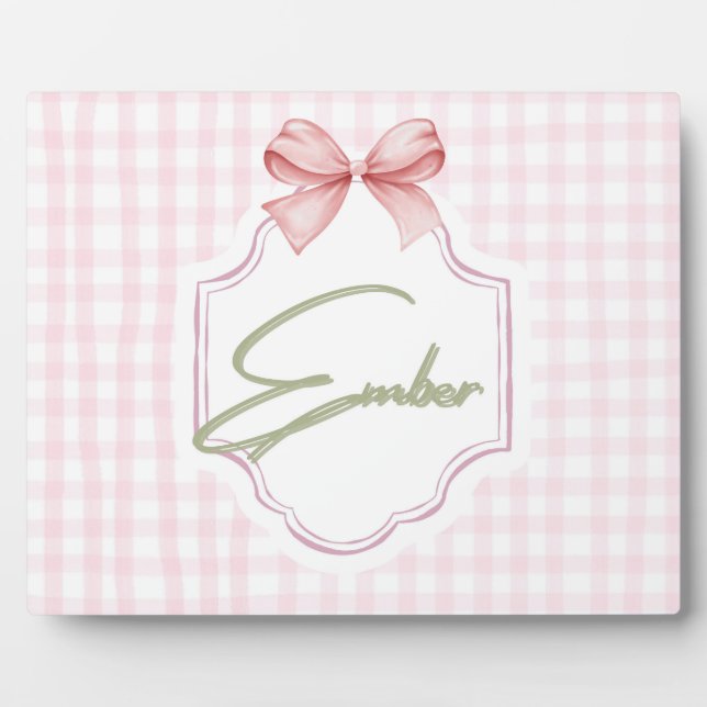Personalized Ember Baby Girl Nursery Bow&Gingham  Plaque (Front)