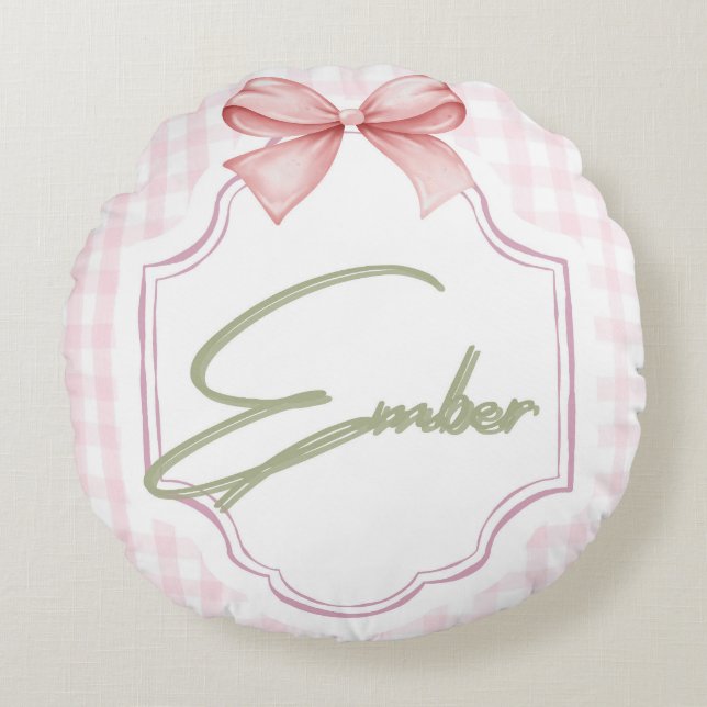 Personalized Ember Baby Girl Nursery Bow&Gingham  Round Cushion (Front)