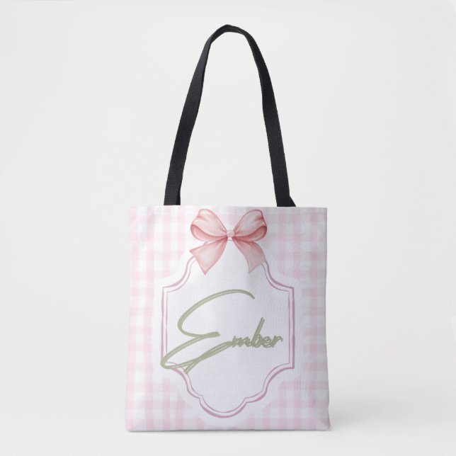 Personalized Ember Baby Girl Nursery Bow&Gingham  Tote Bag (Front)
