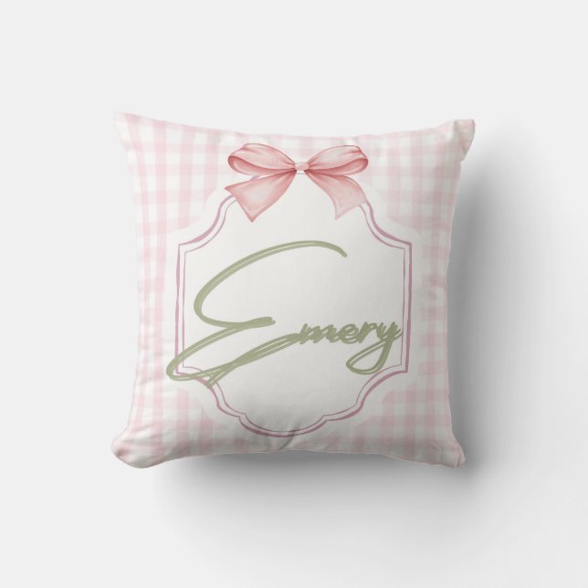 Personalized Emery Baby Girl Nursery Bow&Gingham Cushion (Front)