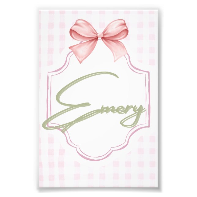 Personalized Emery Baby Girl Nursery Bow&Gingham Photo Print (Front)