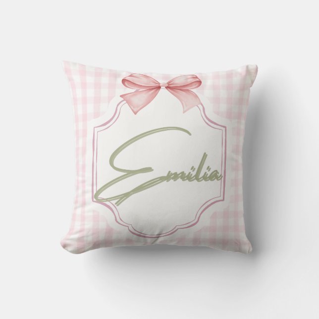 Personalized Emilia Baby Girl Nursery Bow&Gingham  Cushion (Front)