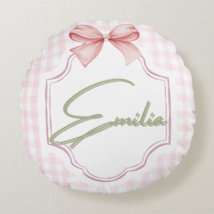 Personalized Emilia Baby Girl Nursery Bow&Gingham Round Cushion