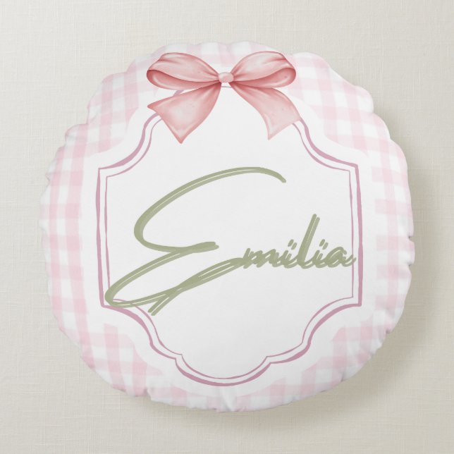Personalized Emilia Baby Girl Nursery Bow&Gingham  Round Cushion (Front)