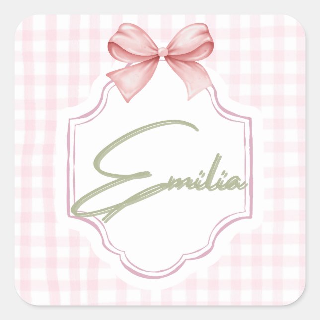 Personalized Emilia Baby Girl Nursery Bow&Gingham  Square Sticker (Front)