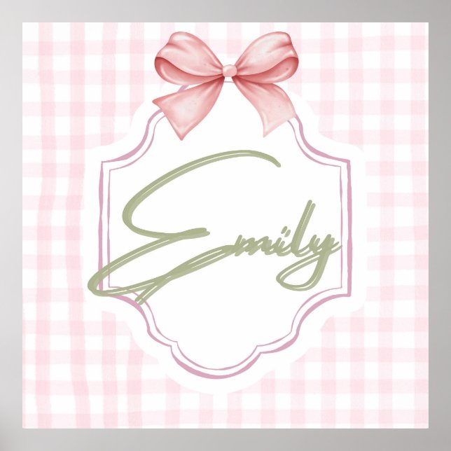 Personalized Emily Baby Girl Nursery Bow&Gingham  Poster (Front)