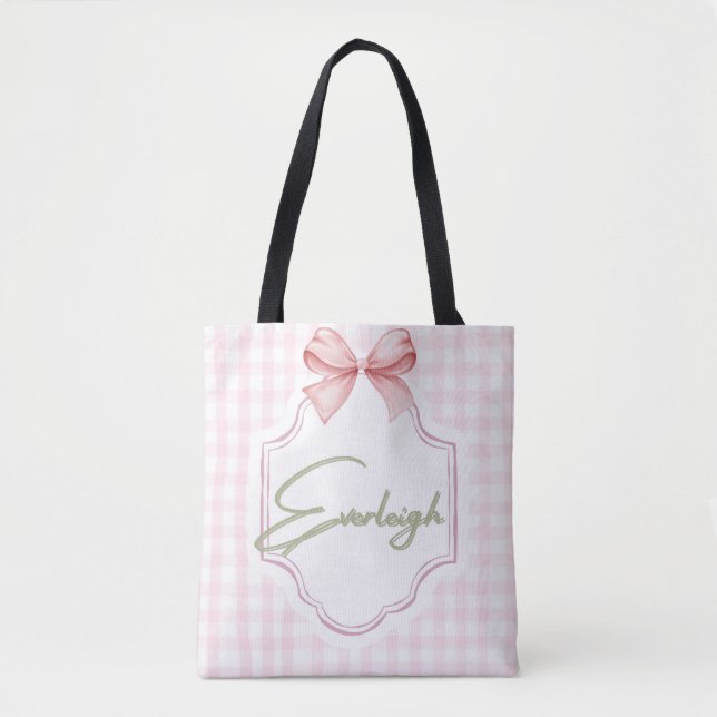 Personalized Everleigh Baby Girl Nursery Gingham Tote Bag (Front)