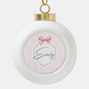 Personalized Everly Baby Girl Nursery Bow&Gingham Ceramic Ball Christmas Ornament