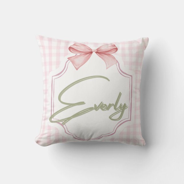 Personalized Everly Baby Girl Nursery Bow&Gingham Cushion (Front)