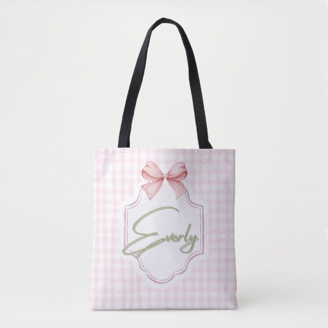 Personalized Everly Baby Girl Nursery Bow&Gingham Tote Bag (Front)