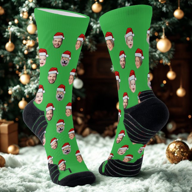 Personalized Face Socks, Santa Hat 4 Faces Green  Socks (Creator Uploaded)