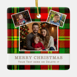 Personalized Family 3 Photo Green Plaid Christmas Ceramic Ornament