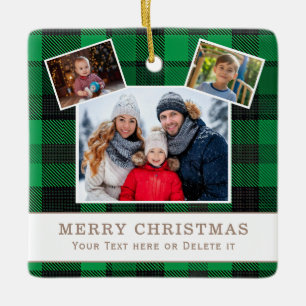 Personalized Family 3 Photo Green Plaid Christmas  Ceramic Ornament