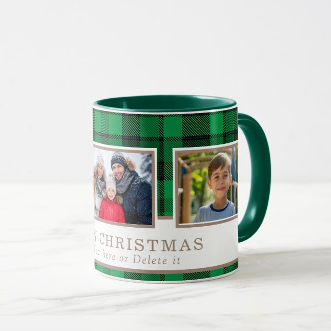 Personalized Family 3 Photo Green Plaid Christmas  Mug (Front Right)