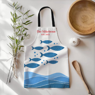 Personalized Family Modern Blue Coastal Fish Apron