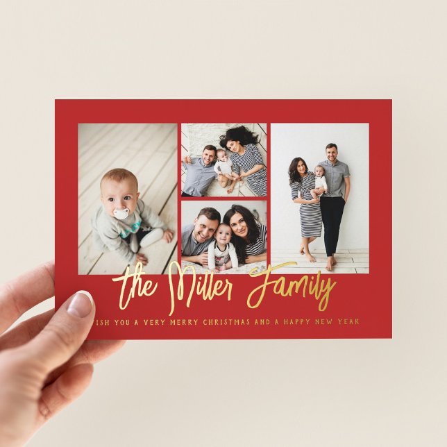 Personalized Family Name 4 Photo Collage Foil Holiday Card (Creator Uploaded)