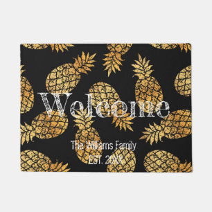 Personalized Family Name Black Gold Pineapple Doormat