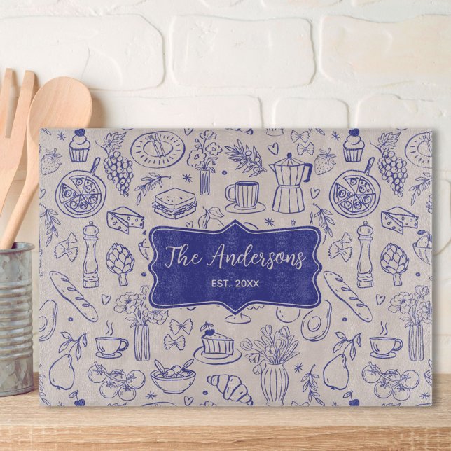 Personalized Family Name Cute Hand Drawn Food Cutting Board (In situ)