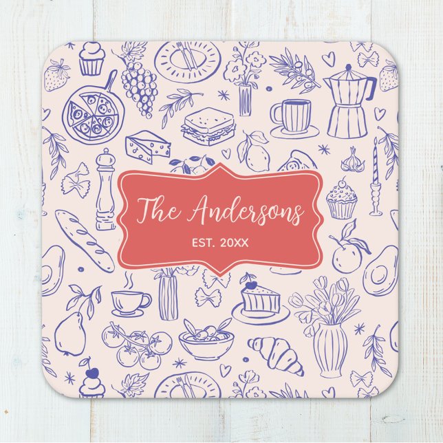 Personalized Family Name Cute Hand Drawn Food Square Paper Coaster (Close up)
