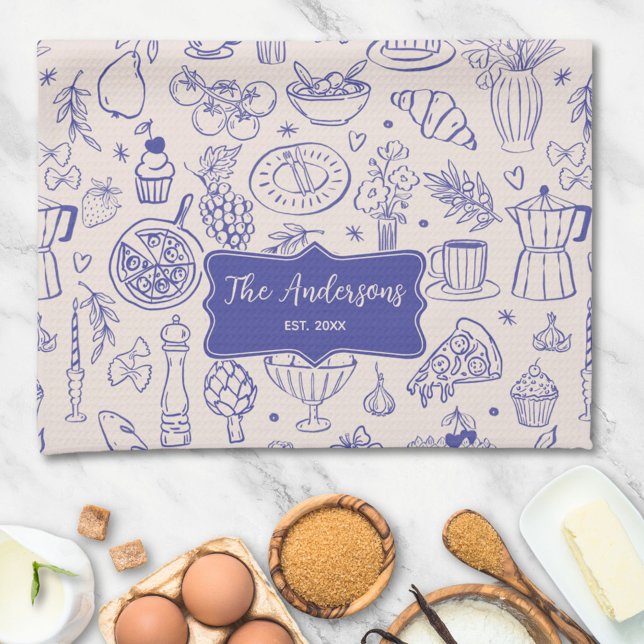 Personalized Family Name Cute Hand Drawn Food Tea Towel (In situ)