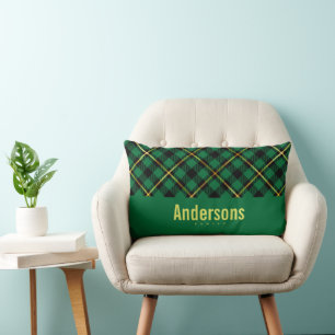 Personalized Family Name Green Buffalo Plaid Lumbar Cushion