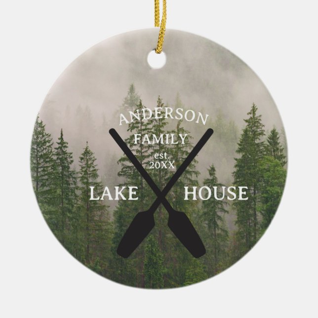 Personalized Family Name Lake House  Ceramic Ornament (Front)
